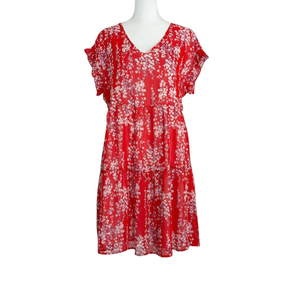 Floral Print Boho Cottagecore Resort Garden Short Sleeve V-Neck Tiered Dress (M)
